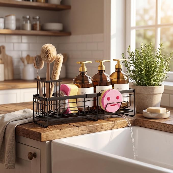 spospo Extendable Sponge Holder for Kitchen Sink Extra Large Sink Caddy | Adjustable Length Sink Caddy Organizer with High Brush Holder, Self-Draining Countertop Organizer