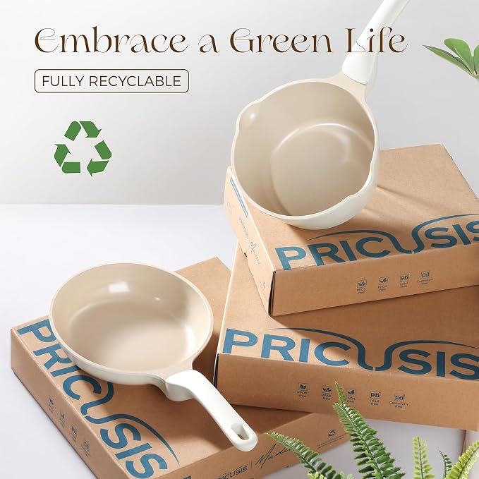 PRICUSIS Ceramic Nonstick Saucepan with Lid, 3 Quart Non Toxic Pot with Pour Spouts, Full Coated, 100% Dishwasher Safe, Induction Compatible, PTFE PFAS & PFOA Free, Coconut White