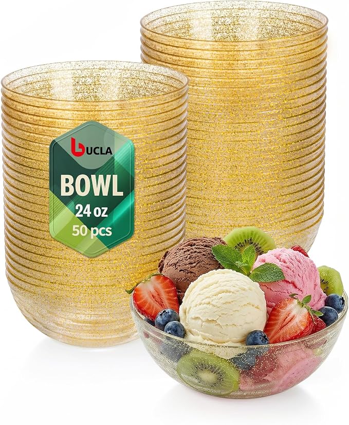 bUCLA 50Pack Gold Glitter Plastic Serving Bowls - 24oz Gold Disposable Dessert/Salad/Soup/Salad/Fruit/Cereal Bowls for Wedding & Party