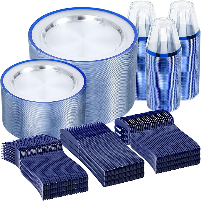 600PCS Clear Blue Plastic Plates, Disposable Dinnerware Set for Party | 100 Guest, 100 Dinner & Dessert Plates, Forks, Spoons, Knives, Cups, Navy Blue, for Wedding, Bridal Shower, Labor Day