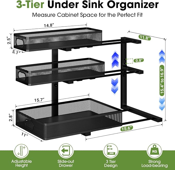 Under Sink Organizer 3 Tier, 4 Pack L-Shaped Pull-Out Cabinet Organizer with Sliding Metal Mesh Drawers, Height Adjustable Under Sink Storage Rack for Kitchen Bathroom Cabinet, Black