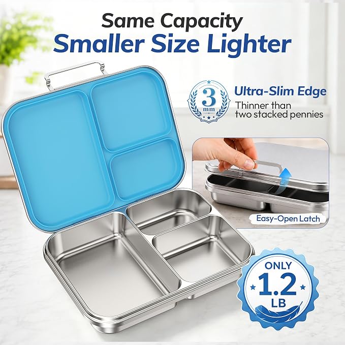 Stainless Steel Bento Lunch Box for Kids and Adults,3 Compartment Meal Lunch Box with Detachable Silicone Lid,Leak-Resistant Food Container with Snack Cup for School,BPA-Free(Blue)