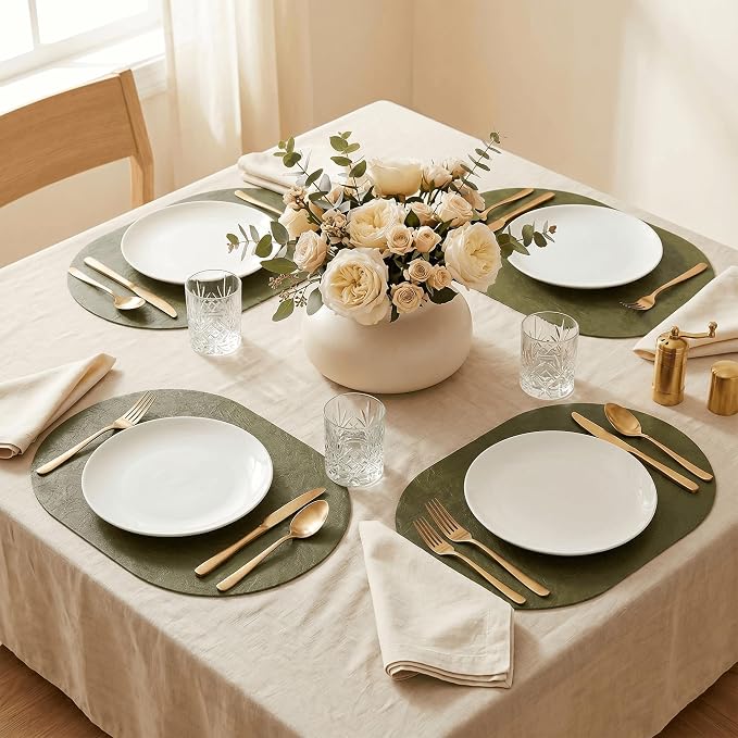 Artoid Mode Olive Green Faux Leather Oval Placemats Set of 4, 12 x 18 Inch Waterproof Wipeable Heat Resistant Vinyl Place Mats, Reversible Table Mats for Kitchen Dining Decor