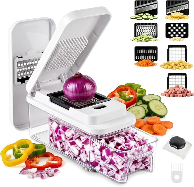 SUSTEAS Vegetable Chopper with Pull-Out Container, 7-Blade Mandolin Slicer | Pull, Empty & Keep Chopping; Easy-Detach, Dishwasher-Safe Blades; 7 Blades for Every Cutting Need; Less Cleanup. More Cooking