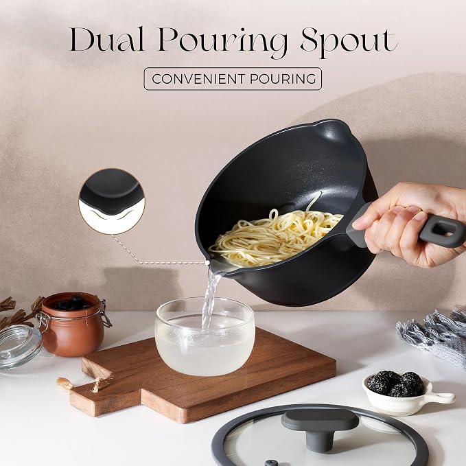 PRICUSIS Ceramic Nonstick Saucepan with Lid, 3 Quart Non Toxic Pot with Pour Spouts, Full Coated, 100% Dishwasher Safe, Induction Compatible, PFOS & PFOA Free, Black Sesame