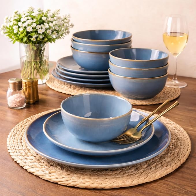 GBHOME Dinnerware Sets for 6, 24 Pieces Ceramic Plates and Bowls Set | Scratch Resistant Stoneware Dishes Set, Dishwasher & Microwave Safe, Reactive Glaze-Blue
