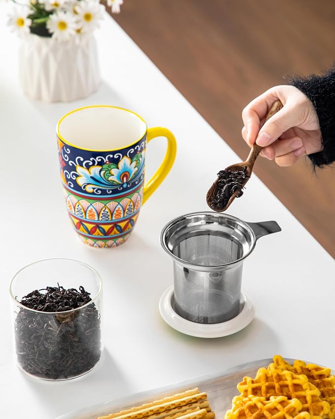 vancasso Ceramic Tea Mug with Infuser and Lid, 18 Ounce Bohemian Loose Leaf Cup, Microwave & Dishwasher Safe, Perfect for Tea, Coffee, Beige-Mustard Tribe