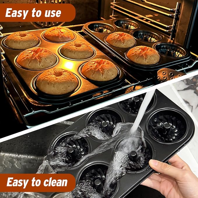Webake Mini Fluted Tube Cake Pan, Non-Stick 2.8 Inch Cake Pans, Heavy Gauge Carbon Steel, 6-Cavity Set of 2