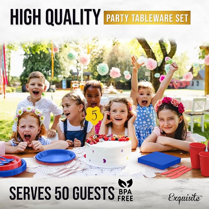 350 Pcs Patriotic Plastic Plates For Party, Patriotic Disposable Plates Set, 50 Of Each 9" Dinner Plate Set, 7" Dessert Plate, Cups, Napkins & Cutlery Plastic Dinnerware Set Exquisite