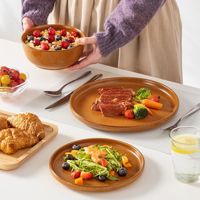 vancasso ZERMATT 24 Pieces Stoneware Dinnerware, Plates and Bowls Set for 8 | Dishes Set for 8 in Caramel Yellow Reactive Glaze Stoneware, Kitchen Dinner Set, Microwave and Dishwasher Safe