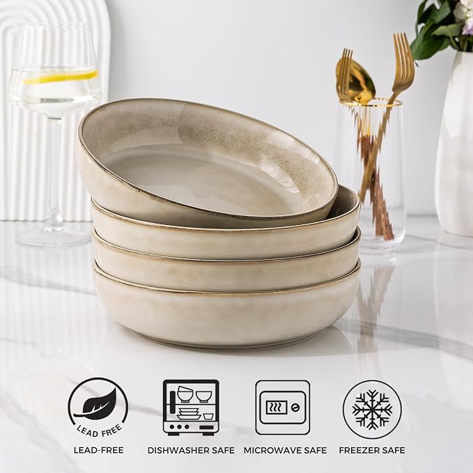 GBhome 8.75'' Large Ceramic Pasta Bowls, 38oz Stoneware Pasta Serving Bowls Set of 4 for Kitchen, Wide Bowls for Fruit,Pasta,Salad,Oatmeal,Meal, Microwave Safe, Reactive Glaze-Cappuccino
