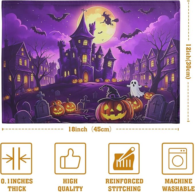 Purple Halloween Placemats Set of 4 Castle Witch Bats Pumpkin Spooky Place Mats Farmhouse Fall Holiday Table Mats for Party Kitchen Dining Outdoor Indoor Decor