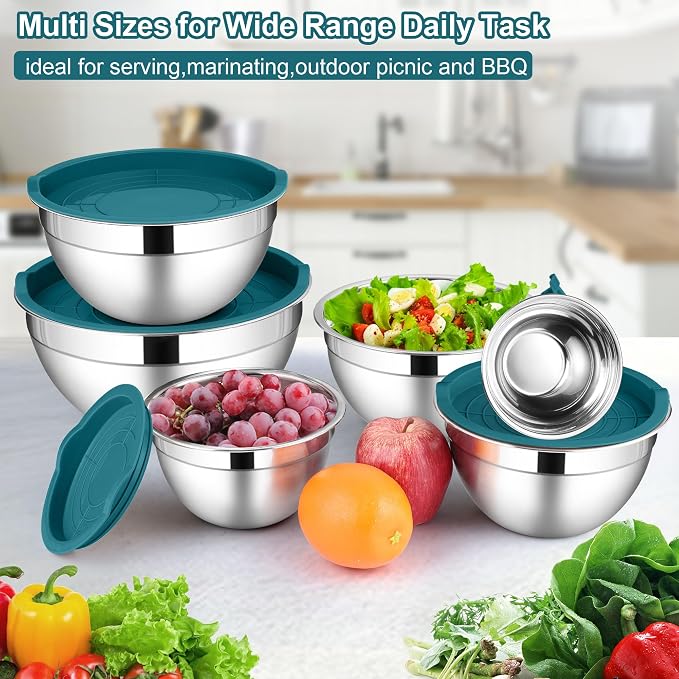 LIANYU 6 PCS Stainless Steel Mixing Bowl, Large 7, 3.5, 2.5, 2, 1.5, 1 QT | Metal Bowls Set, Kitchen Nesting Bowls for Salad Cooking Prepping Food Storage, Dishwasher & Freezer Safe, Blue