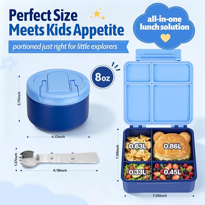 Bento Lunch Box Set for Kids with 8 oz Soup Thermo, Leakproof Hot Food Container with 4 Compartments, Insulated Food Jar for Toddler Daycare Boys Girls School - Blue