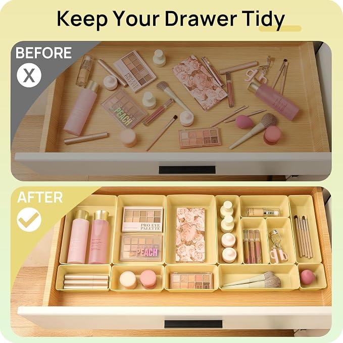 Vtopmart 25 Pack Plastic Drawer Organizers with Non-slip Rubber Pads | 4-Size Versatile Makeup Organizer, Storage Containers Small Bins for Makeup, Jewelries, Bedroom, Kitchen Utensils and Office