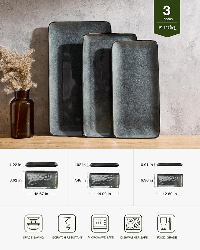 Famiware Serving Platters Set of 3 Sizes - Rectangular, Deep Forest | 15.67"/14.1"/12.6" Fine Stoneware Serving Trays for Party, Entertaining for Food, Turkey, Cheese, Microwave Dishwasher Safe