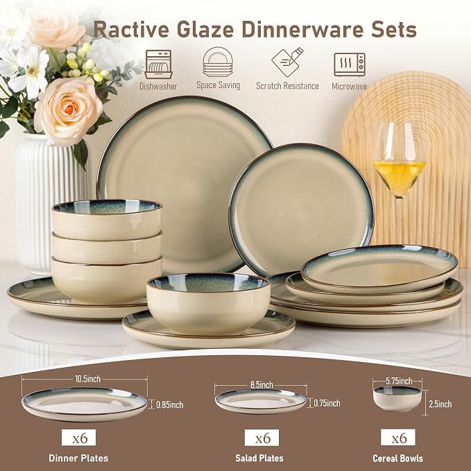 GBHOME Dinnerware Sets for 6, 18 Pieces Ceramic Plates and Bowls Set | Scratch Resistant Stoneware Dishes Set, Dishwasher & Microwave Safe, Reactive Glaze-Pale Khaki