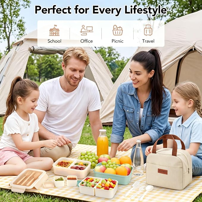 Bento Lunch Box Set for Adults & Kids with Insulated Bag Khaki | Includes lunch bag, spoon, fork, sauce box,BPA-free & dishwasher safe,For adults.child, school, work, office, travel, picnic