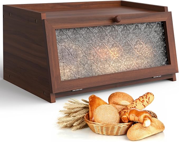 LOHASOK Bread Box for Kitchen Countertop,Brown Begonia | Large, Farmhouse Bread Container Holder Storage, Acrylic translucent window