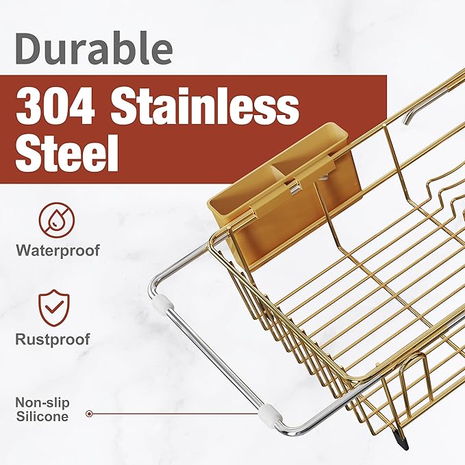 JASIWAY Gold Dish Drying Rack in Sink, Dish Drainer with Utensil Holder | Over The Sink Expandable Stainless Steel Strainer Dryer Rack for Small Kitchen, Counter Space Saving, Fast Drain, Rustproof