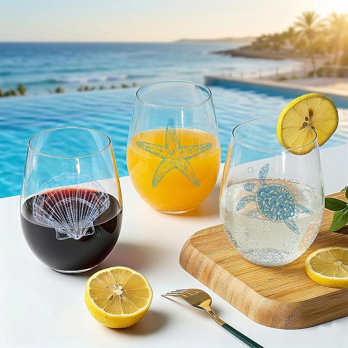 FACOYANS Ocean Themed Stemless Wine Glasses (17 oz, Set of 4) - Printed Sea Turtle, Starfish, Coastal Shell Designs - Beach House Glassware And Wine Gifts for Women, Mom, Birthdays