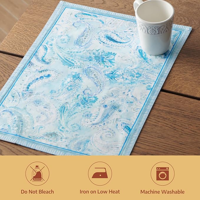 Maison d' Hermine Placemats Set of 4 Reusable 100% Combed Cotton (13"x19") | Cloth Place Mats Washable Table Mats for Kitchen Dining Party Wedding Hotel Home Restaurant Spring Summer - Paisley Blues