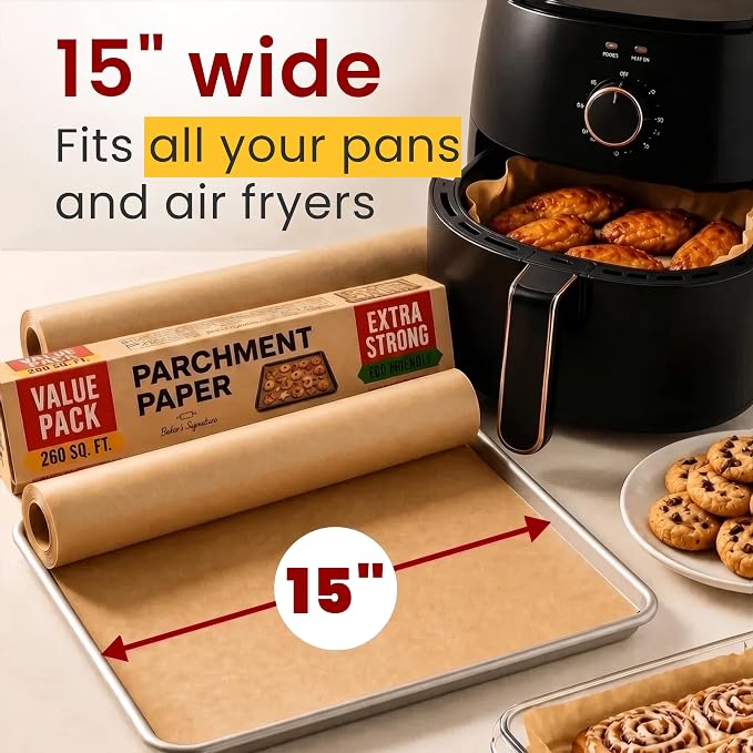 Unbleached Parchment Paper for Baking – 2-Pack 520 Sq.Ft Total | 15" x 210 ft Roll with Cutter, Non-Stick Brown for Cooking, Grilling, Steaming by Baker's Signature