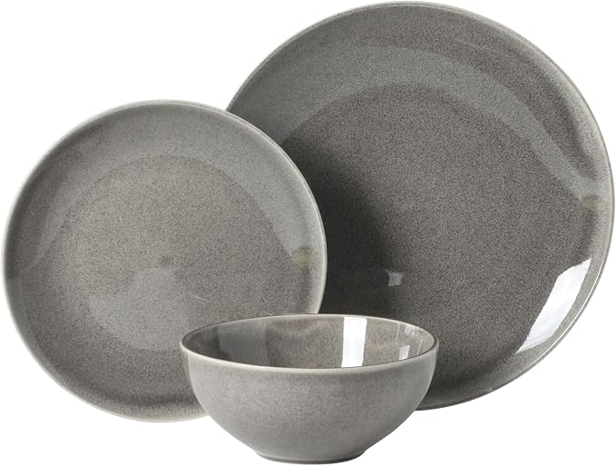 Gibson Elite Castle Peak Plates and Bowls Set, 12-Piece Dinnerware Set, Grey Reactive Glaze Stoneware Dishes, Dinner Plates, Salad Plates & Cereal Bowls