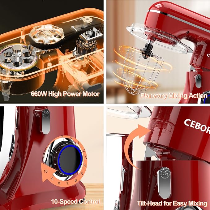 CEBORY 3-IN-1 Electric Stand Mixer, 6.5QT Bowl 660W 10-Speed Kitchen Mixer, Household Food Mixers include Dough Hook, Beater and Whisk, Bread Cake Mixer for Baking and Most Home Cooks, Red