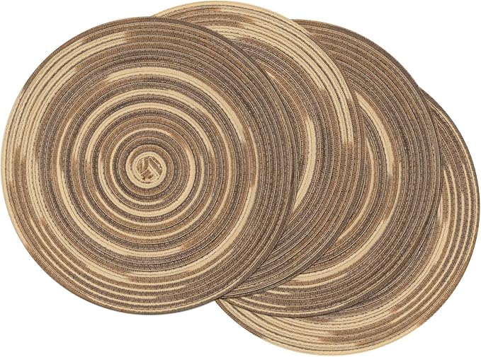 SHACOS Round Braided Placemats 15 inch Set of 4 Variegated Washable Kitchen Table Place Mats Table Mats for Home Wedding Party (Rainbow Brown, 4)