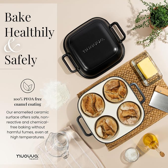 QuadPro Enamelled Cast Iron Bread Loaf Pot – Dutch Oven for Sourdough Bread Baking – 500°F Oven Safe Non Stick Bread Pot – 4 Round Loaf Spaces (4.90-inch Diameter), Black – by Nuovva