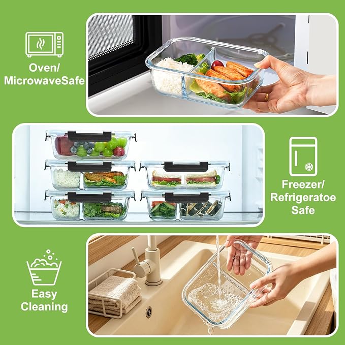 6 Pack Glass Storage Containers with Lids, 1 & 2 & 3 Compartments | 6-Pack Divided Glass Food Storage Containers, Airtight Leakproof, BPA-Free, Microwave/Dishwasher/Freezer Safe, Stackable