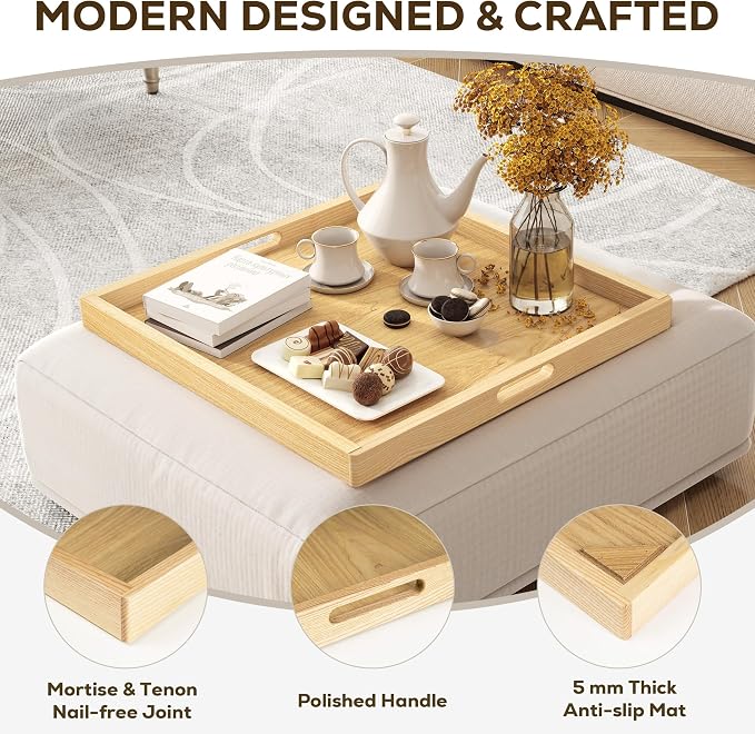 24 Inch Large Square Wooden Ottoman Tray for Living Room|Extra Large Serving Tray with Handles for Coffee Table, Breakfast|Decorative Wood Tray for Ottoman Couch Sofa Kitchen|Natural