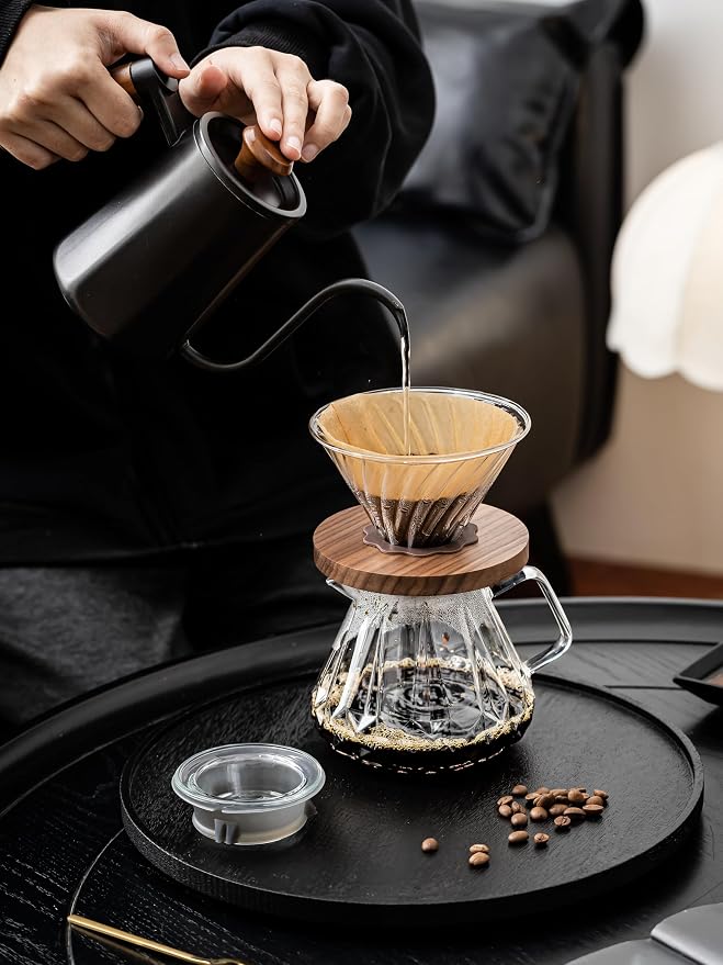Pour Over Coffee Maker 24 oz/700 ml, Pour Over Coffee Dripper with 40 Filters, Borosilicate Glass Carafe, Walnut Handle, Lid, Clear, For Home Café Camping (24 OZ/700 ML)