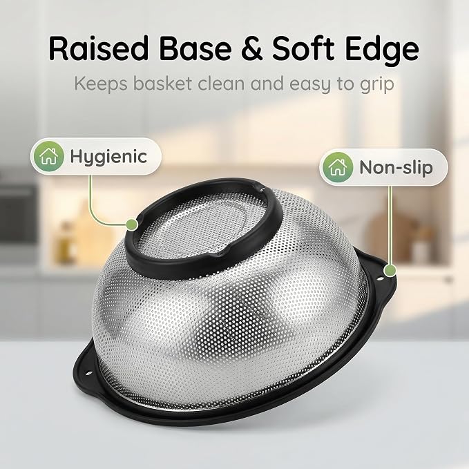 304 Stainless Steel Colander 3-Quart, Heavy Duty Metal Strainer with Riveted Handles, Micro-Perforated Food Strainer for Draining Pasta, Orzo, Rice, Berry, Stable Ring Base, Rust Free