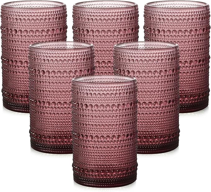 ZMOWIPDL Drinking Glasses Set of 6,15 oz Purple Hobnail Glass Cups | Vintage Glassware，Embossed Water Tumbler,for Beer,Cocktail,Whiskey,Juice and Various Mixed Drinks- 1 Cleaning Brush