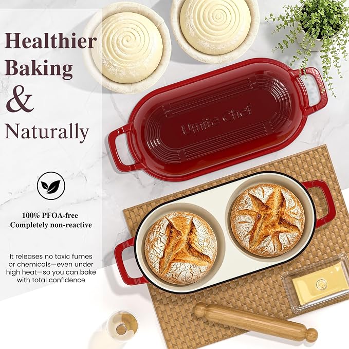 Umite Chef Dutch Oven for Bread Baking–Enamelled Cast Iron Dutch Oven Pot with Lid – 500°F Oven Safe–Double Round Loaf Bread Pan with 5" Banneton Proofing Baskets for Homemade Bread, Meatloaf, Cake