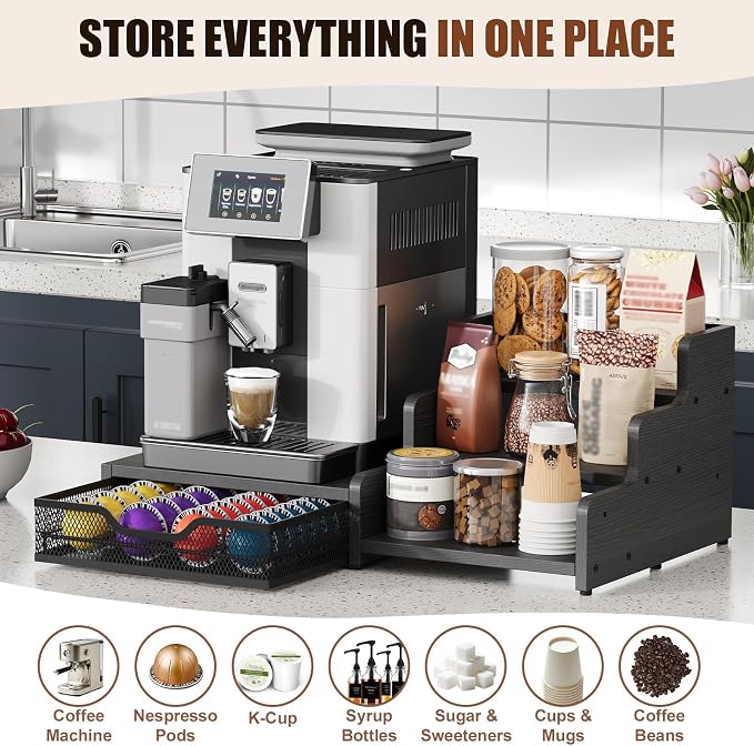 Coffee Station Organizer Compatible with Nespresso Vertuo Pods, Holds 48 Small or 32 Large Pods, 3-Tier Coffee Bar Organizer with K-Cup Holder, Coffee Pod Drawer & Syrup Cups Rack for Accessories