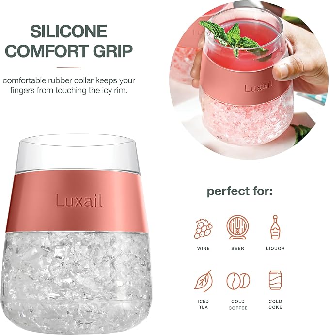 luxail Wine Glasses, Plastic Wine Glasses Set of 2, Wine Gifts, Double Wall Insulated Freezer Tumbler, Stemless Freezer cups for Red and white Wine, 8.5 Oz, Coral