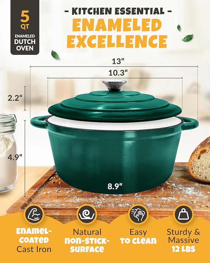 5 QT Enameled Dutch Oven for Bread Baking with Lid & Baking Set | Sourdough Dutch Oven for Bread Baking, Cast Iron Bread Oven with Lid, Banneton, Bread Sling, Lame, Dough Whisk & Clear Guide