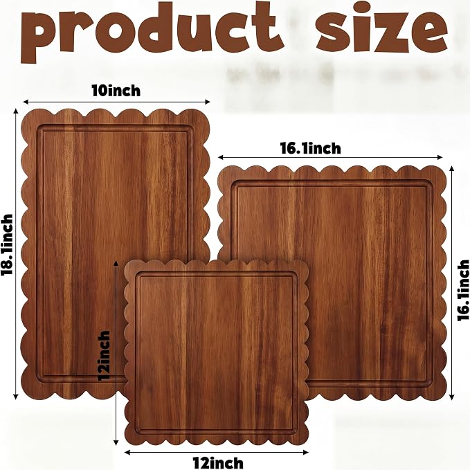 3 Pcs Acacia Wood Scalloped Cutting Boards for Kitchen, Large | Juice Groove, Blank Wood Charcuterie Tray, Snack Cheese, Appetizers Grazing Platter, Engraving Gift, Crafts Rustic Wall