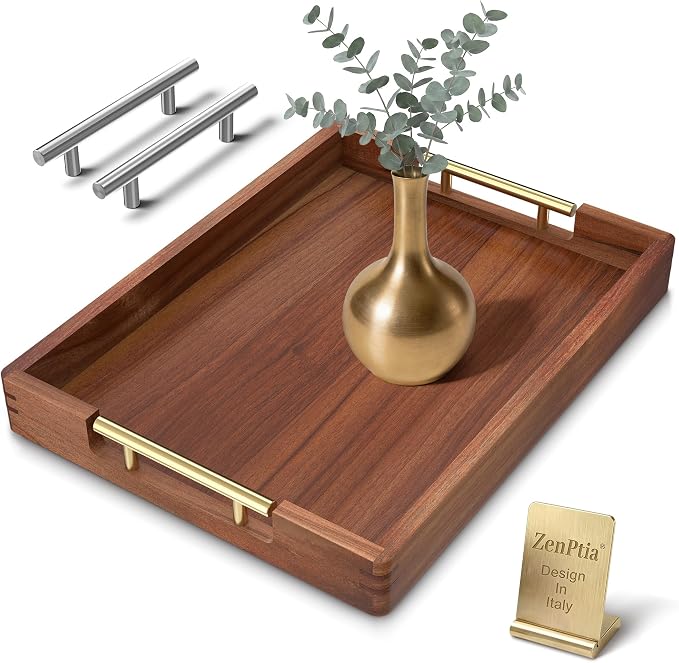 Acacia Wood Serving Tray with 2 Sets of Handles (Gold & Silver) - 17" Large Wooden Tray for Ottoman Coffee Table, Decorative Tray for Living Room & Kitchen - Solid Wood Table Topper