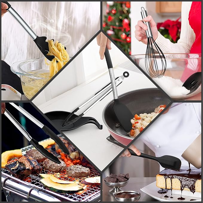 E-far Silicone Cooking Utensils Set, 30-Piece Black Kitchen Utensils Set | Heat Resistant Nonstick Cookware, Kitchen Tools Spatulas with Stainless Steel Handle, Spatulas Turner Tong Spoon Whisk Ladle