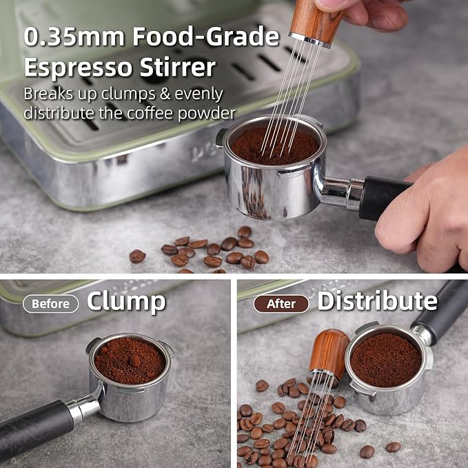53.5mm Espresso Accessories Kit with Tamper, WDT Tool and Funnel | Rosewood spring-loaded espresso tamper and WDT tool espresso, 8 needles, aluminum dosing funnel, mat for 54mm Portafilter