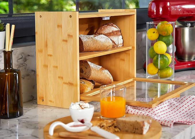 Premium Bamboo Double Layer Bread Box With Clear Window | Bread Storage And Organizer for Kitchen Countertop, Bread Container, Assembly Required