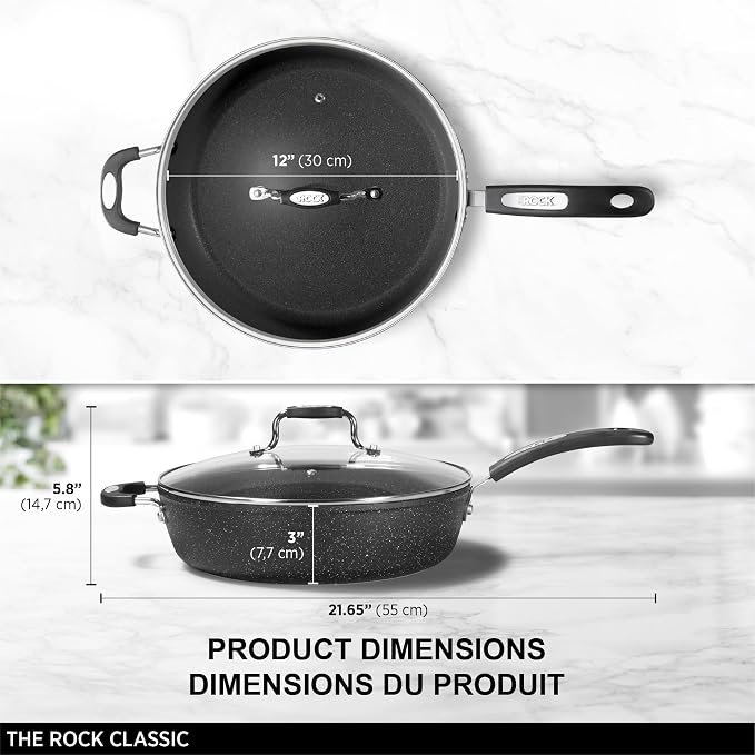 Starfrit The Rock 12'' (30cm) Non-Stick Jumbo Cooker Pan with Lid - Durable Forged Aluminum - Oven Safe - PFOA Free - Easy to Clean - Black