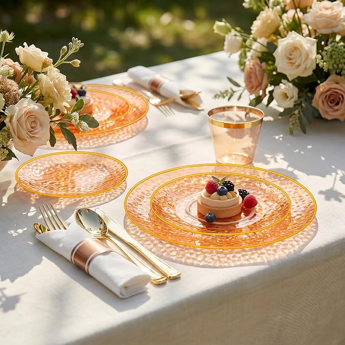 Rubtlamp 700Pcs Orange Gold Plastic Dinnerware Set, Hammered Clear Gold Plates, Fancy Plastic Plates Include 100 Dinner Platos, 100 Salad Platos, 100 Cups, 100 Pack Pre Rolled gold plastic Silverware
