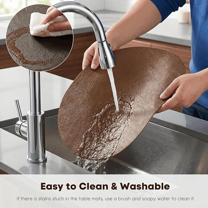 Artoid Mode Brown Faux Leather Oval Placemats Set of 6, 12 x 18 Inch Waterproof Wipeable Heat Resistant Vinyl Place Mats, Reversible Table Mats for Kitchen Dining Decor