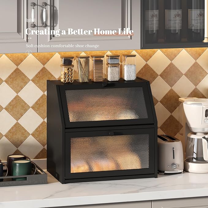 STDDRE Bread Box for Kitchen Countertop Bin Double Layer Bread Box Storage Container Extra Large Capacity with Diamond Pattern Windows (Black, Extra Large)