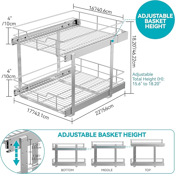 2 Tier Pull Out Cabinet Organizer 18" W X 22" D, Chromed, Full Slide Out | For Kitchen Organizers and Storage, Pull Out Drawers For Cabinets Capacity Heavy Duty Caddy, Cabinet Shelves, Bathroom Pantry